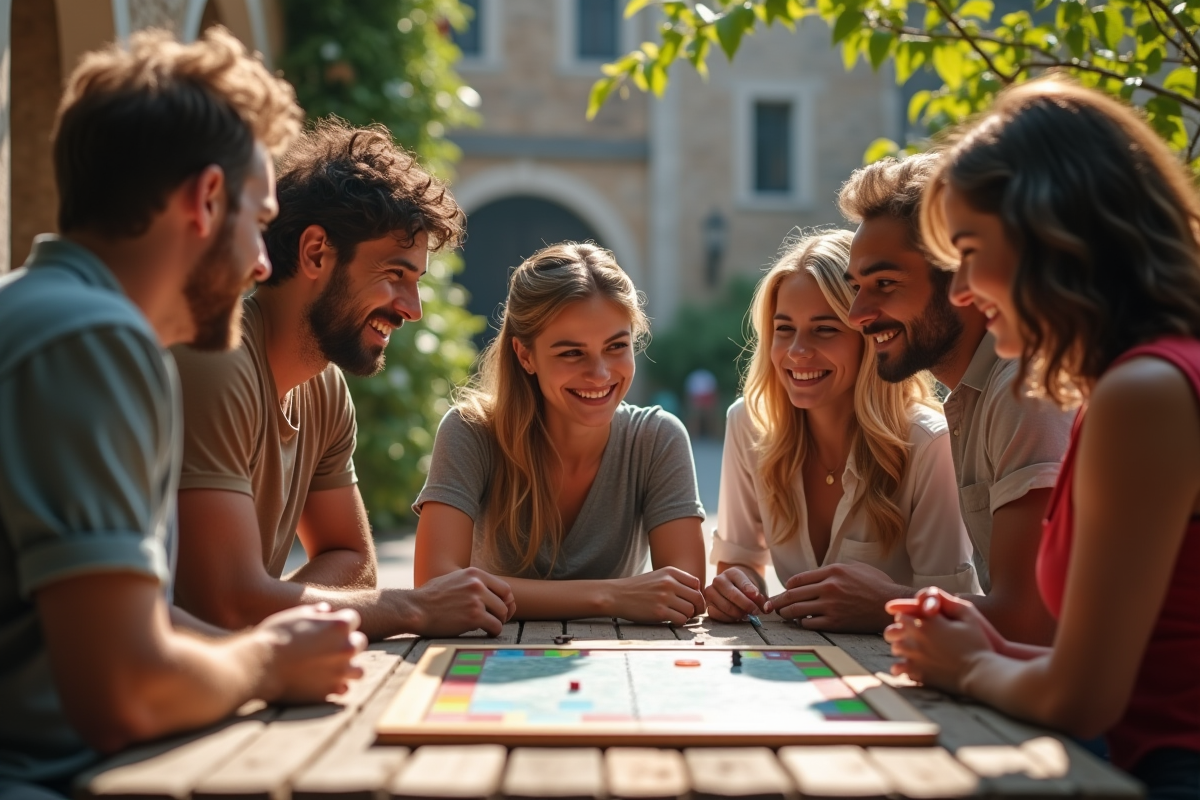 Groupe d'amis jouant à un jeu de société en village