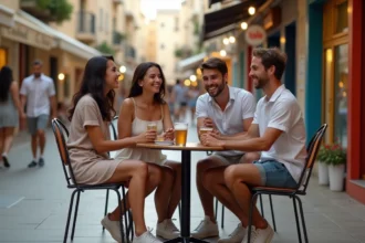 Jeunes adultes souriants au café en plein air à Paceville