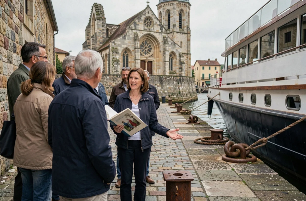 Guide historienne présentant une abbaye romaine à des voyageurs sur le quai lors d'une escale de la croisière Chateaubriand