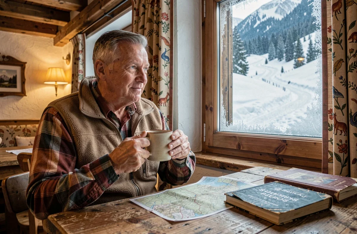 Voyageur attablé dans un chalet autrichien traditionnel en basse saison, contemplant un sentier enneigé et désert à travers la fenêtre