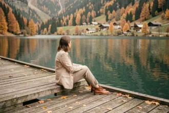 Voyageuse solitaire assise sur un ponton en bois au bord d'un lac alpin en automne, illustrant le tourisme hors saison à Gummering