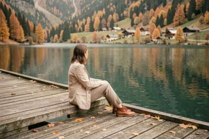Voyageuse solitaire assise sur un ponton en bois au bord d'un lac alpin en automne, illustrant le tourisme hors saison à Gummering