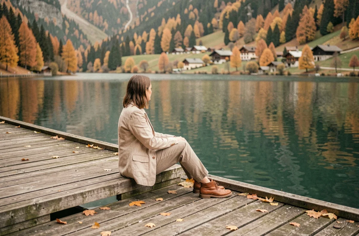 Voyageuse solitaire assise sur un ponton en bois au bord d'un lac alpin en automne, illustrant le tourisme hors saison à Gummering