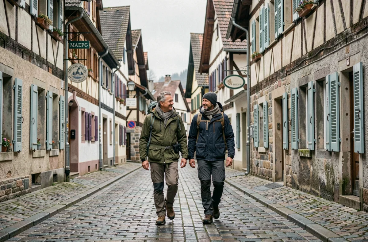 Couple de randonneurs se promenant dans une rue pavée d'un village autrichien calme en dehors de la haute saison touristique