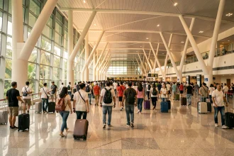Hall des départs de l'aéroport international de Kuala Lumpur avec foule de voyageurs et architecture moderne