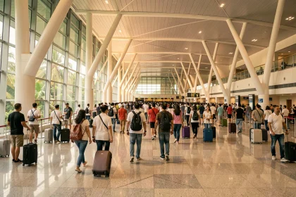 Hall des départs de l'aéroport international de Kuala Lumpur avec foule de voyageurs et architecture moderne