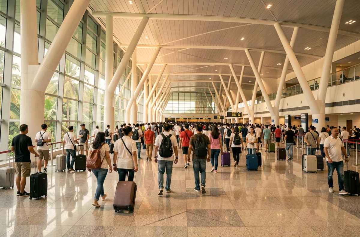 Hall des départs de l'aéroport international de Kuala Lumpur avec foule de voyageurs et architecture moderne