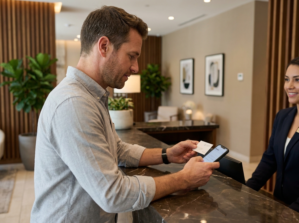 Homme d'affaires faisant son check-in dans un hôtel moderne lors d'un déplacement professionnel