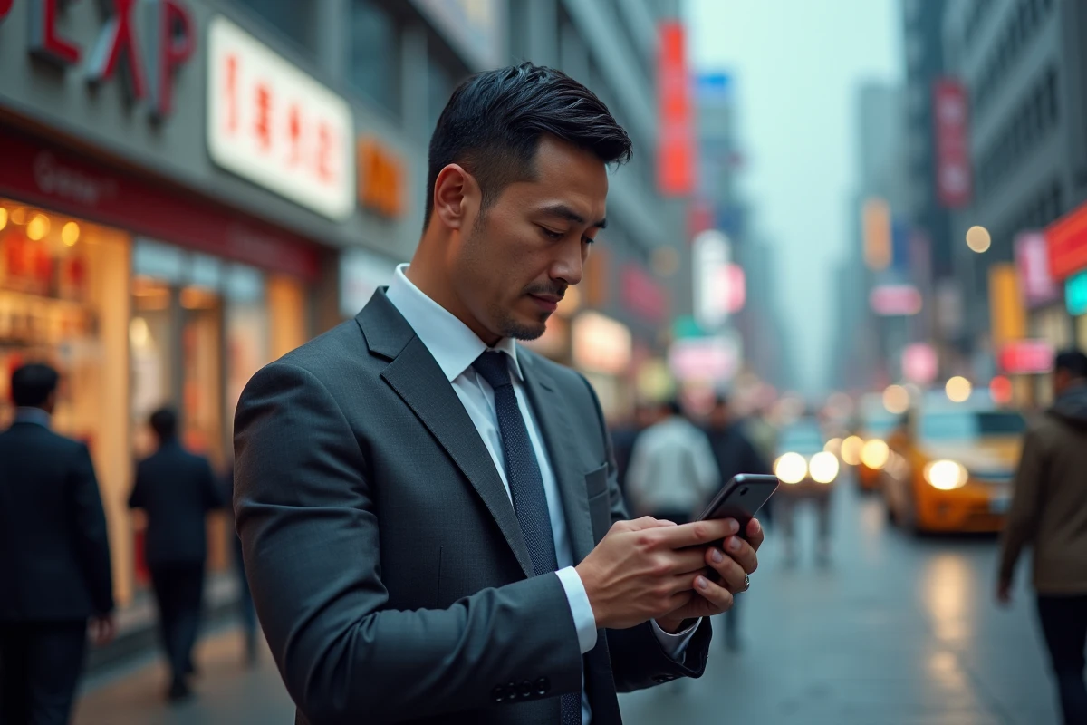 Homme d'affaires utilisant une eSIM en itinérance dans une grande métropole asiatique