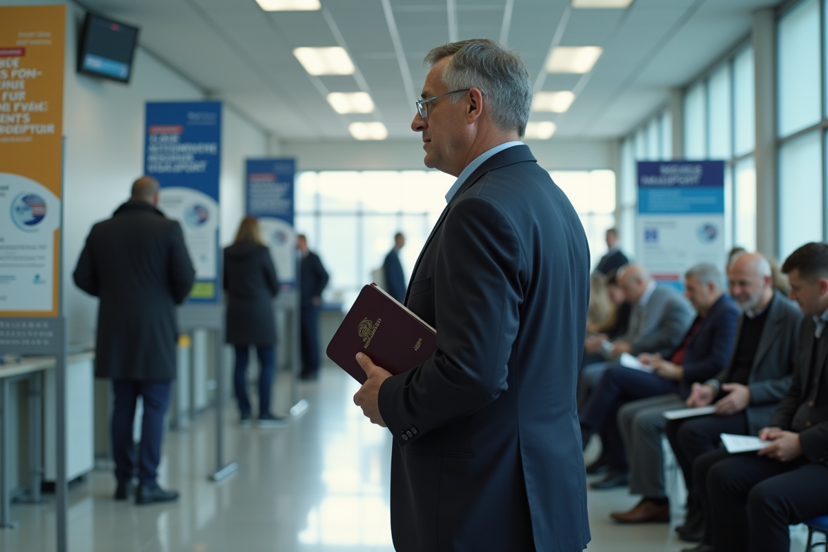 Homme en attente avec passeport dans un centre de visa
