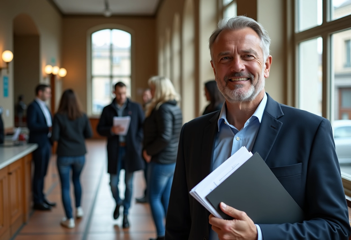 Homme patient en ligne au guichet de la mairie pour un visa