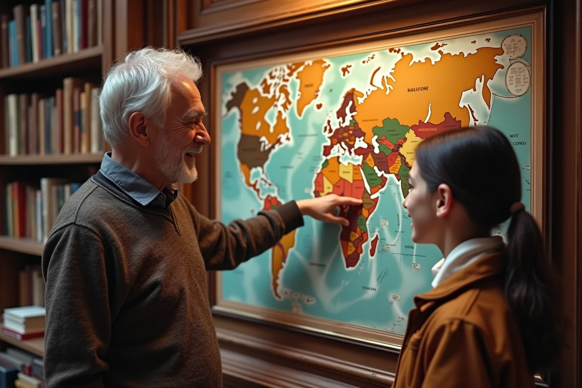 Homme âgé discutant avec un adolescent devant une carte du monde