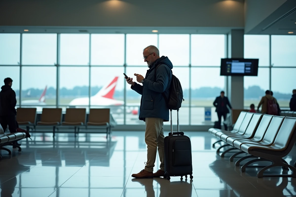 Homme regardant ses options de vol dans un aéroport moderne