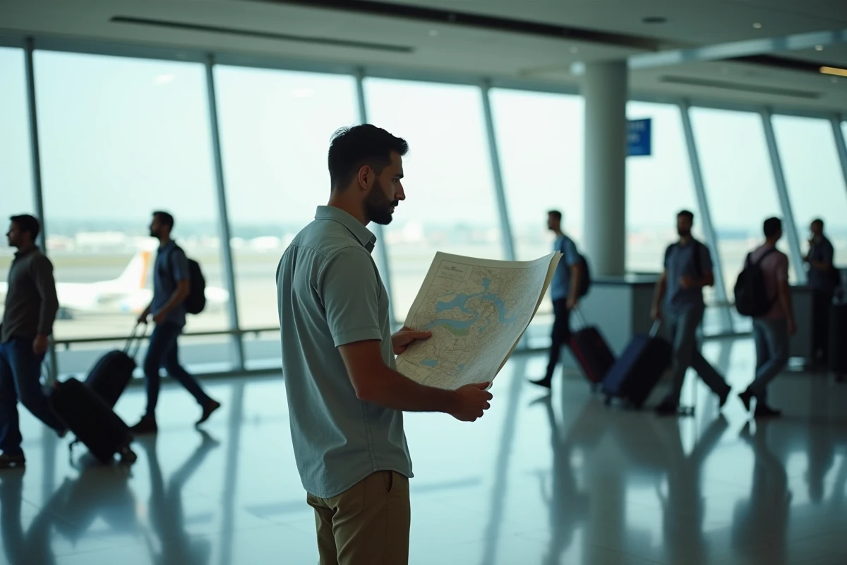 Homme perdu regardant une carte papier dans un aéroport pendant ses vacances