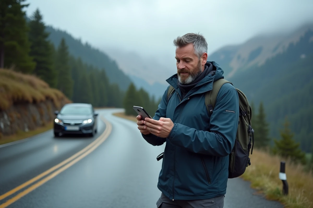 Homme utilisant une carte hors ligne sur smartphone en zone rurale montagneuse sans réseau