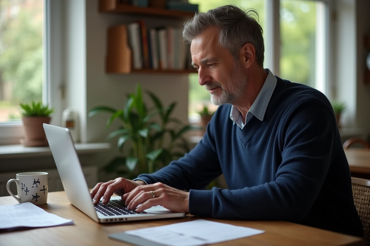Homme vérifiant son e-ticket dans une cuisine à la maison