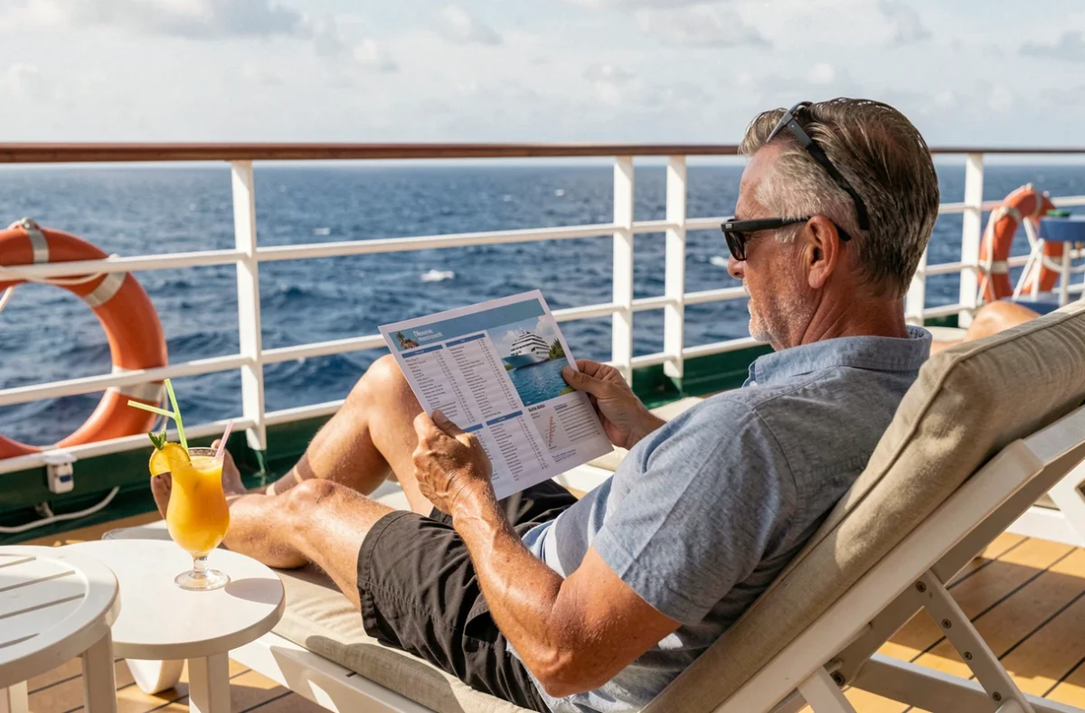 Homme se relaxant sur une chaise longue de paquebot en lisant le programme d'une croisière tout compris