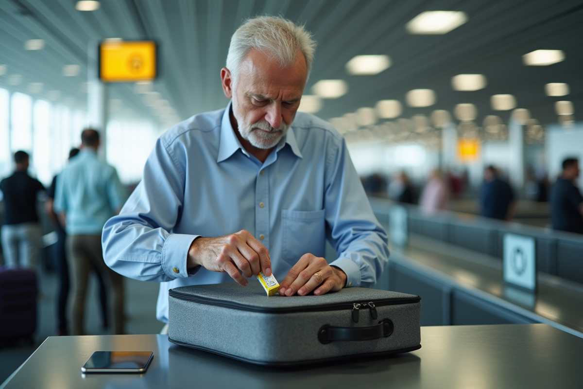 Homme de 60 ans préparant paracetamol au checkpoint aéroport