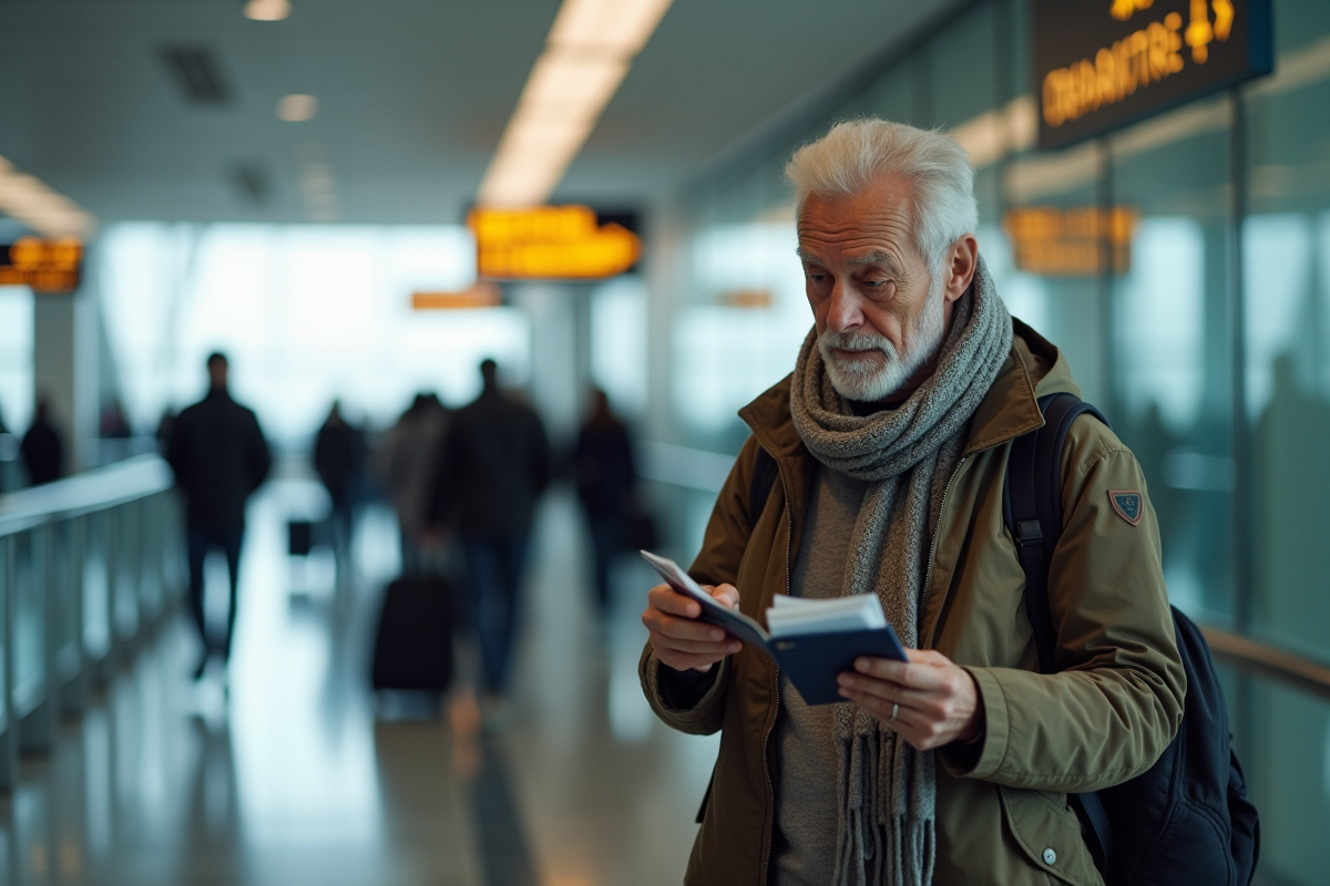 Homme âgé tenant son passeport à la porte d
