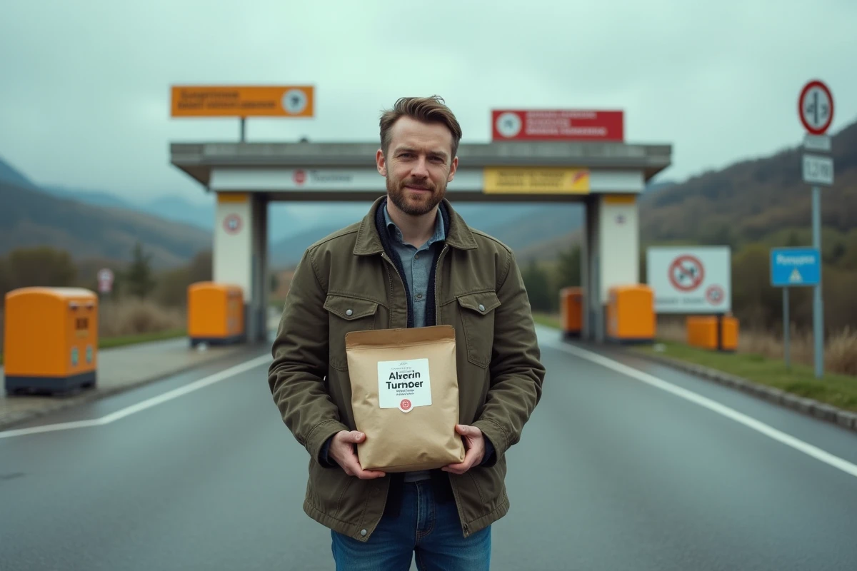 Homme avec sac dutyfree à la frontière franco-espagnole