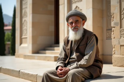 Homme iranien âgé assis devant le mausolée d'Avicenna