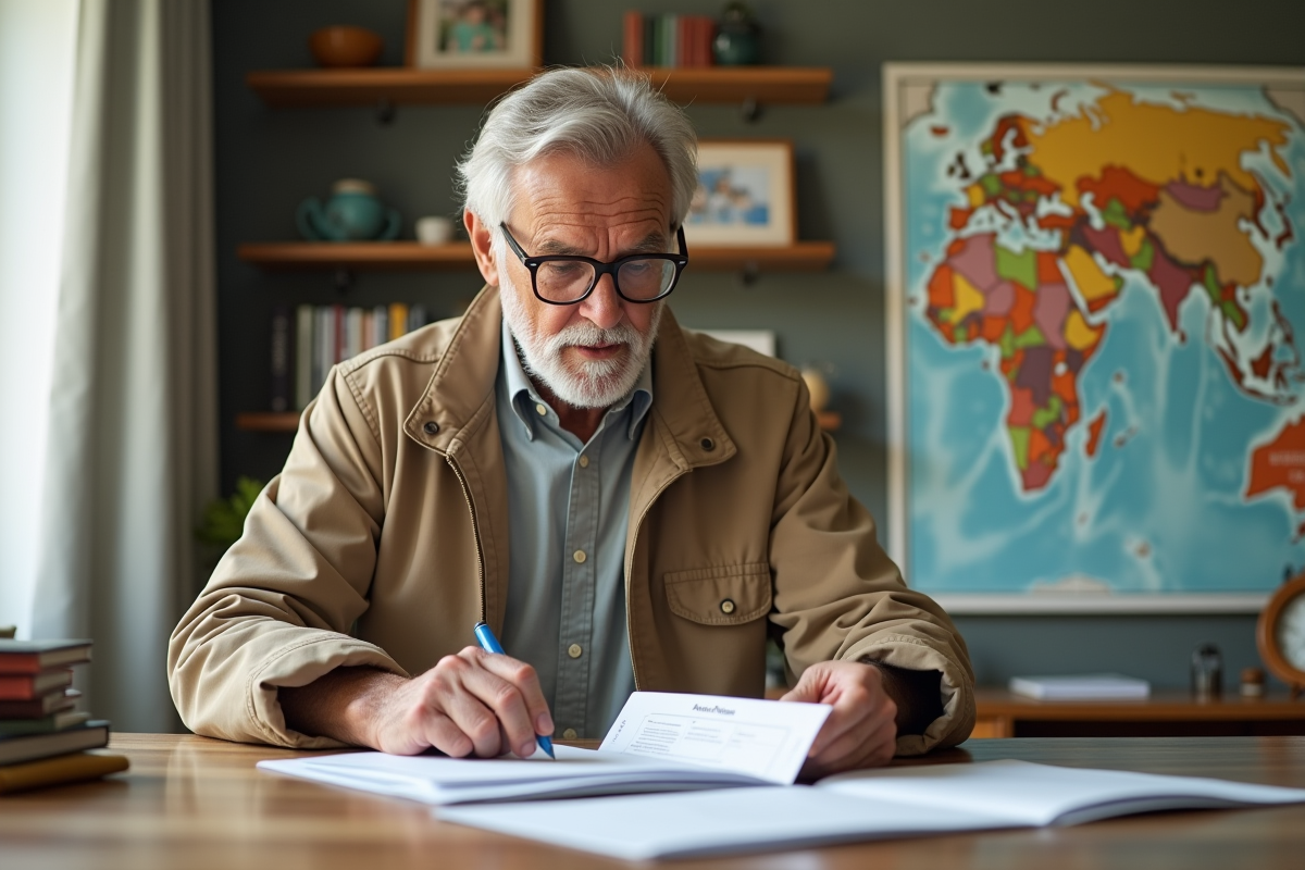 Homme âgé classant ses papiers de voyage dans un bureau
