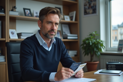 Homme d'âge moyen montrant son passeport et licence aviation