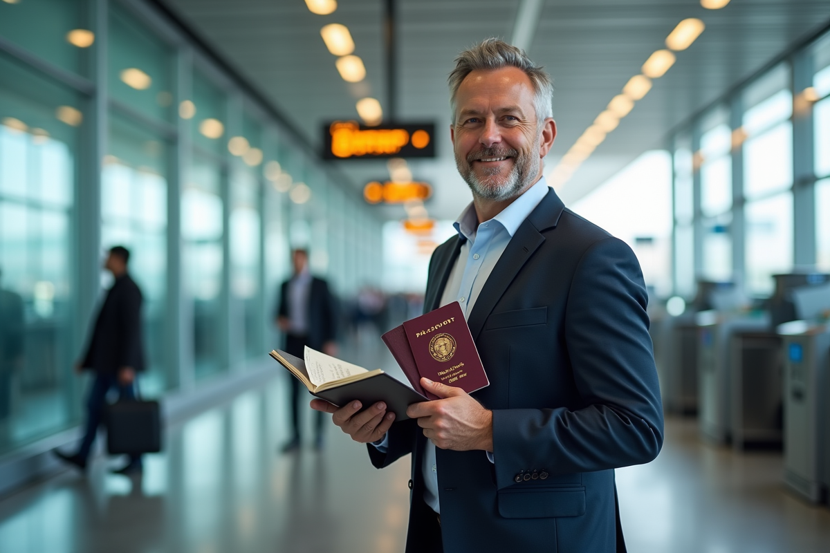 Homme souriant avec passeport et documents à l