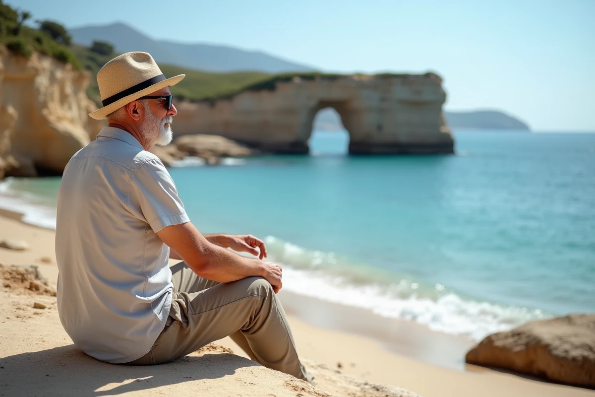 Homme âgé assis sur des rochers face à la plage des 3 Pointes en Corse