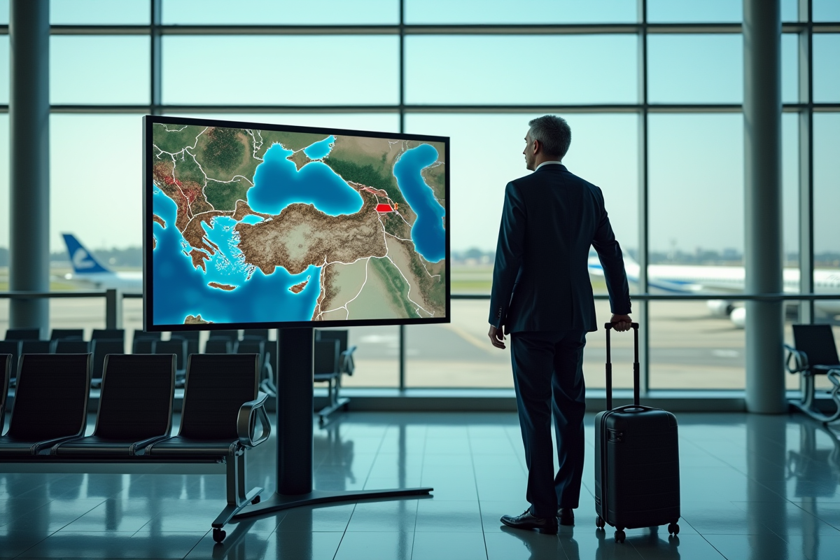 Homme étudiant une carte aérienne dans un terminal d