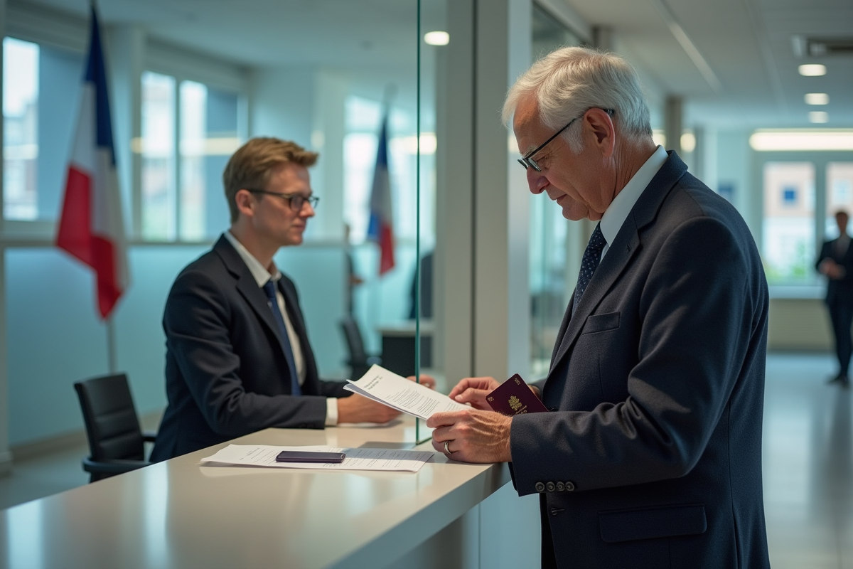 Homme âgé remettant ses papiers à un agent administratif