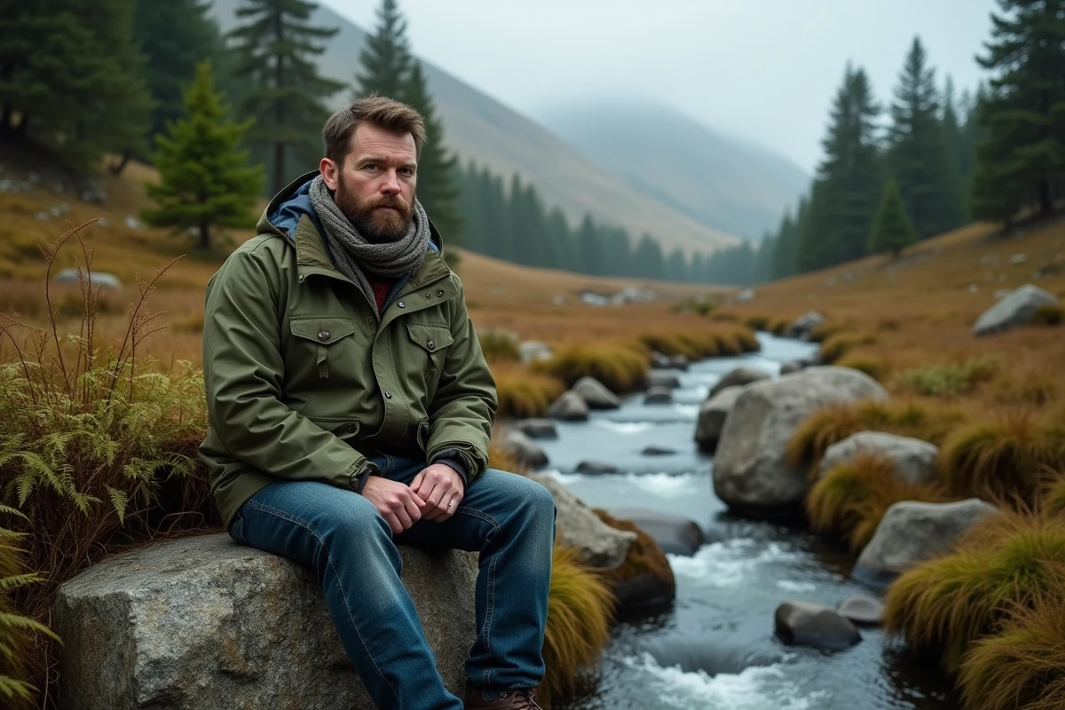 Homme assis près d’un ruisseau dans les Highlands
