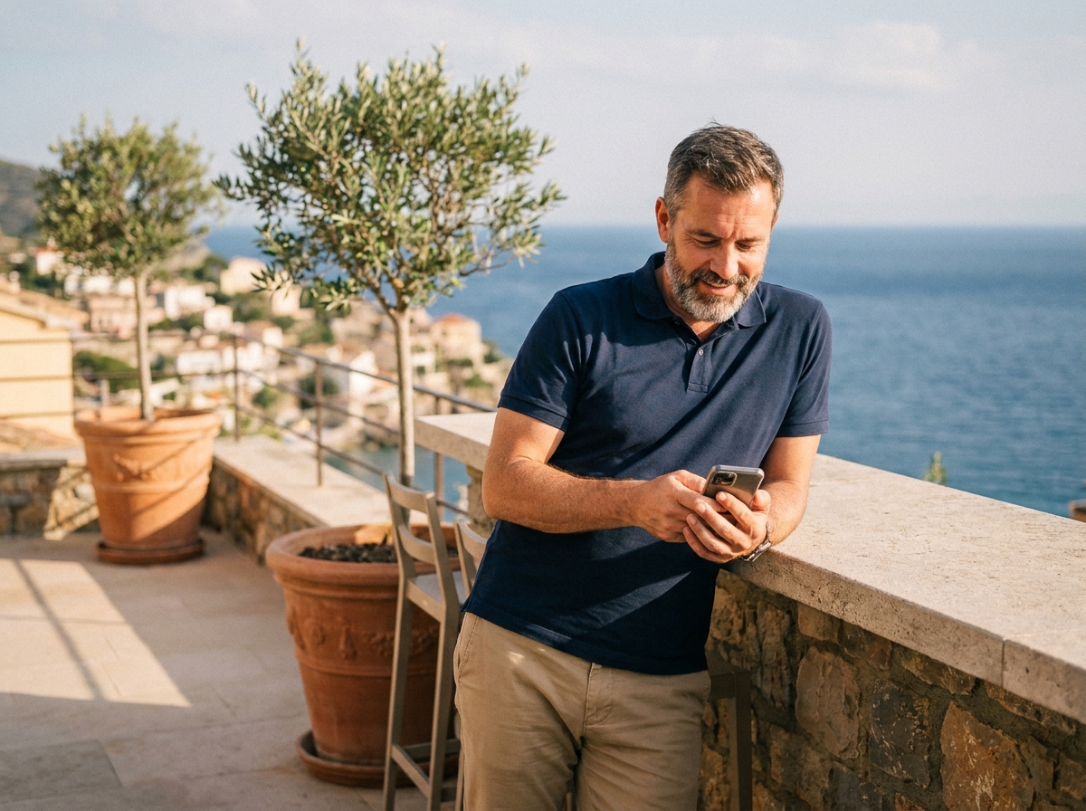 Homme finalisant une réservation de location de vacances en ligne sur son smartphone depuis une terrasse méditerranéenne