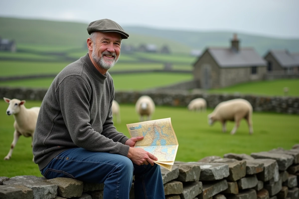 Homme détendu avec carte dans un paysage rural irlandais
