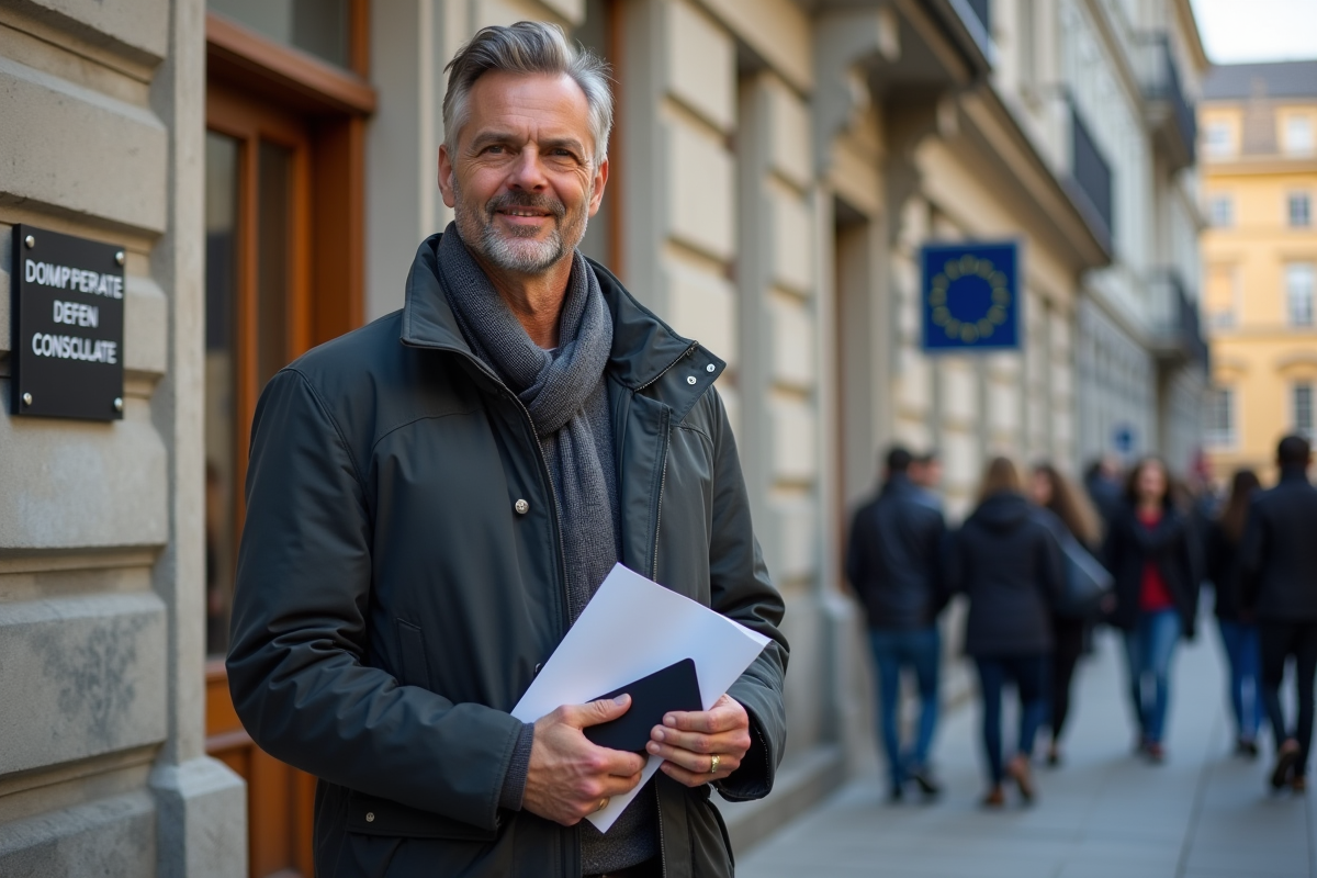 Homme avec documents devant un consulat européen en extérieur