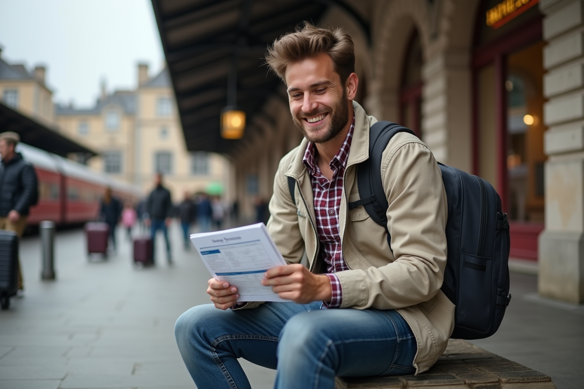 Homme lisant un carnet devant une vieille gare