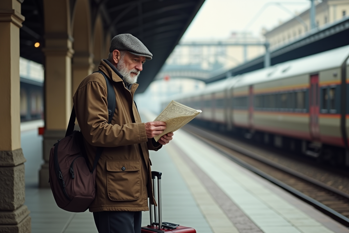 Homme âgé lisant une carte sur le quai de la gare