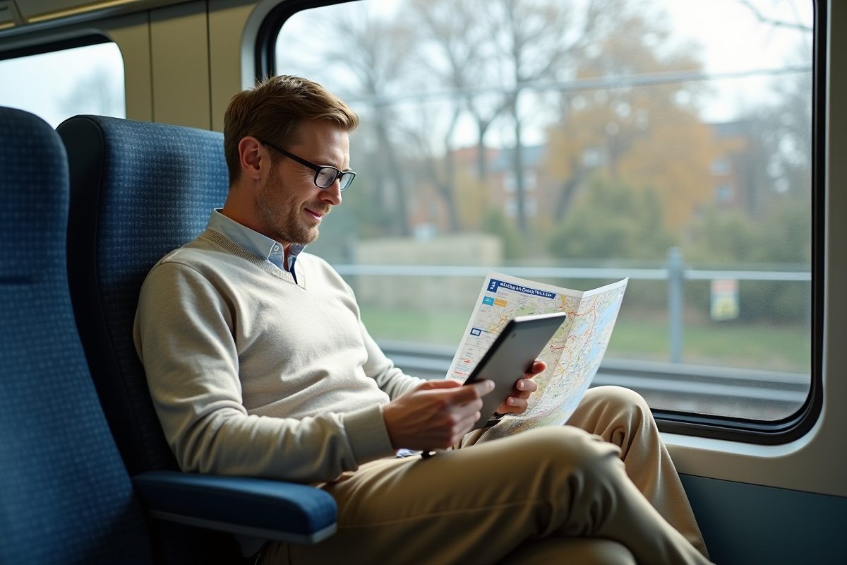 Homme dans un train Interrail regardant un plan de voyage