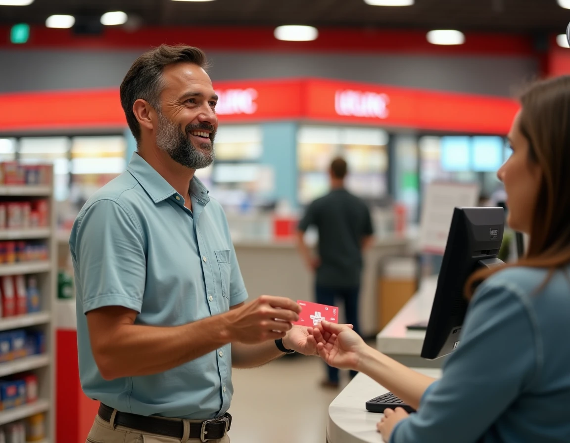 Homme utilisant un chèque cadeau Leclerc au comptoir du service voyages en grande surface