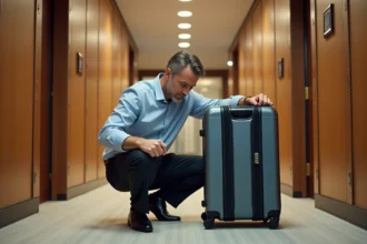 Homme concentré devant sa valise dans un couloir d'hôtel