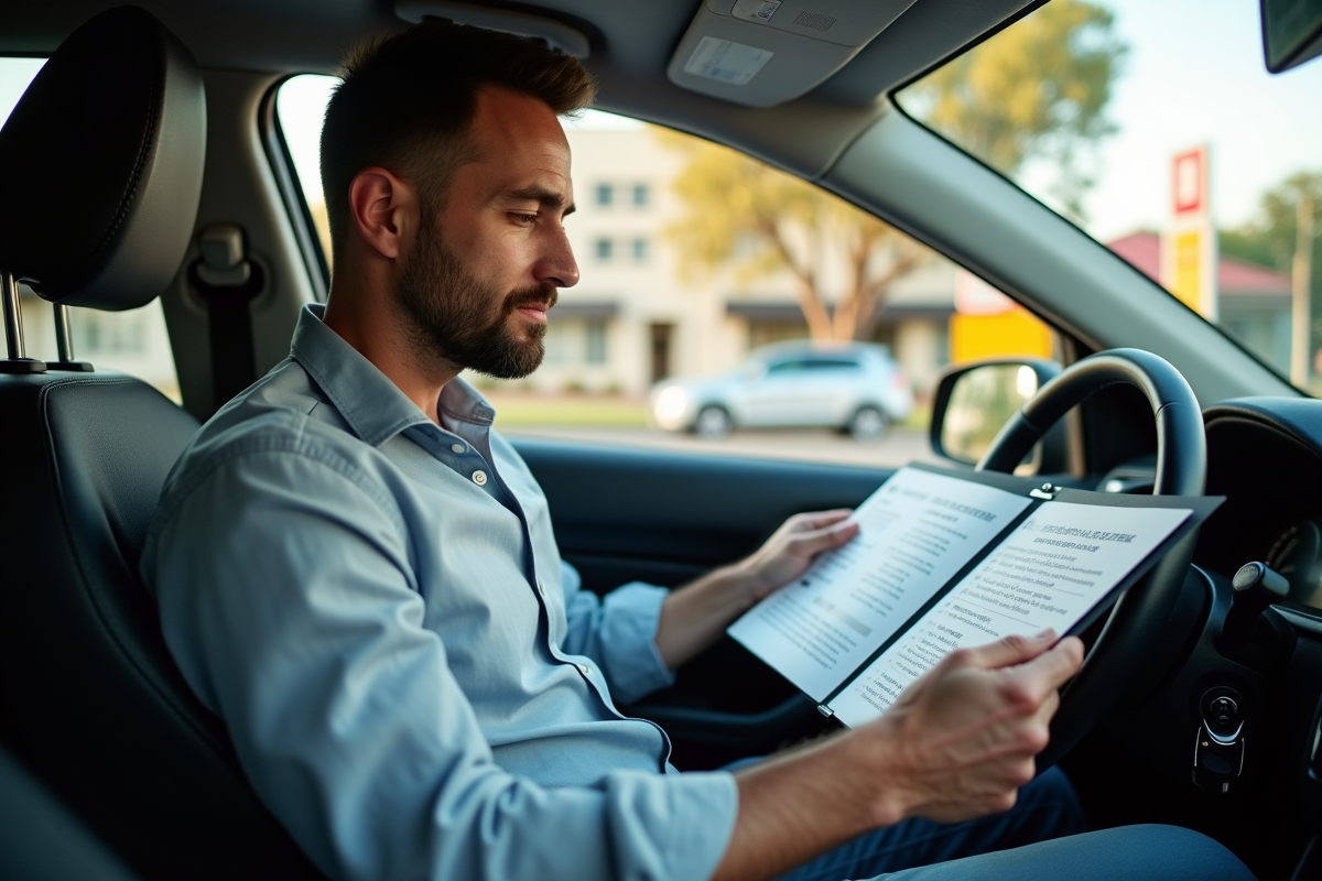 Homme dans voiture avec documents de conduite en Australie