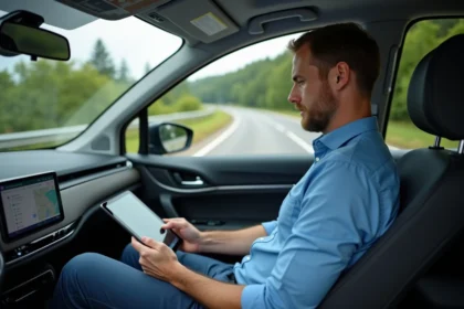 Homme d'âge moyen dans une voiture moderne utilisant une tablette