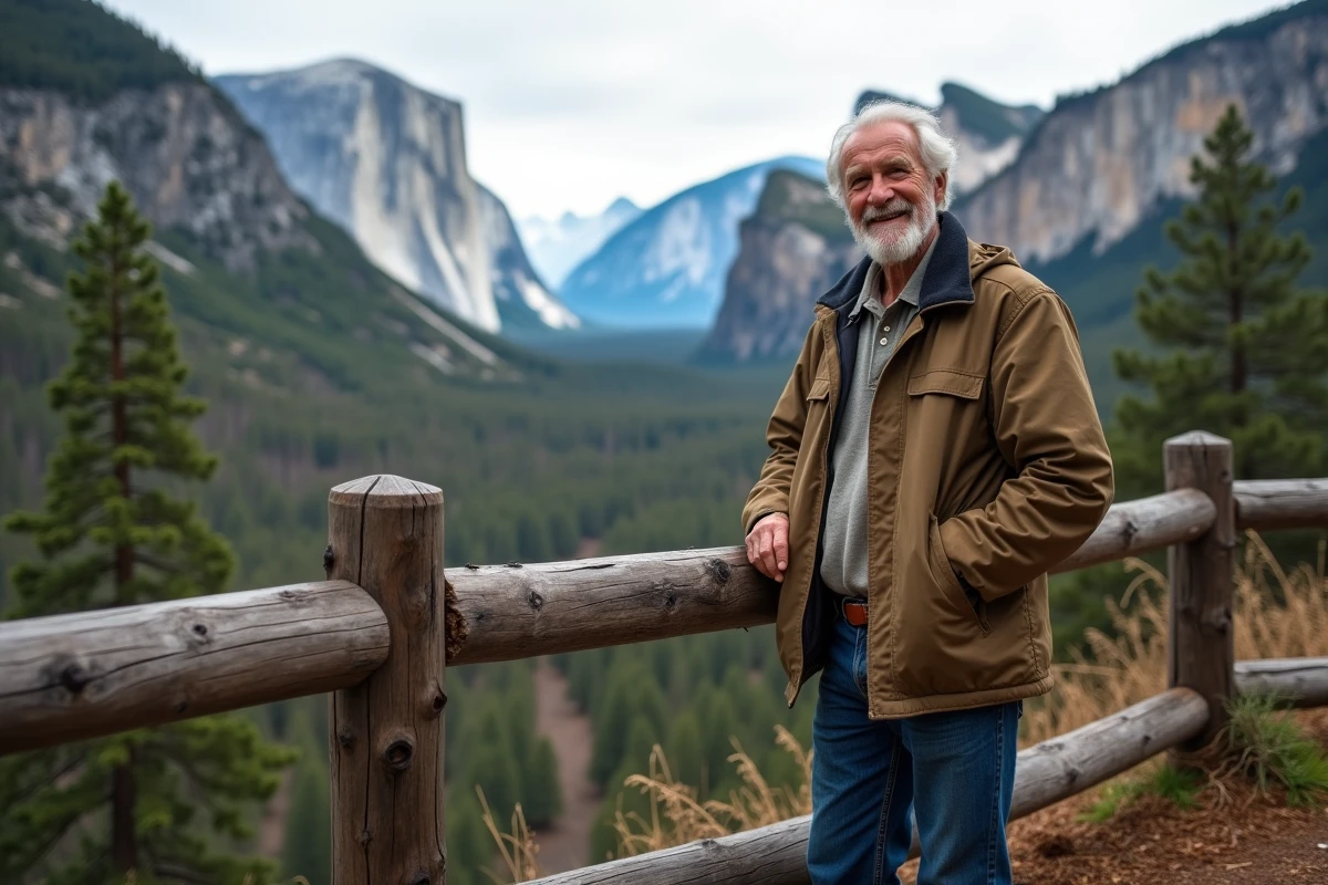 Homme âgé face aux paysages de Yosemite