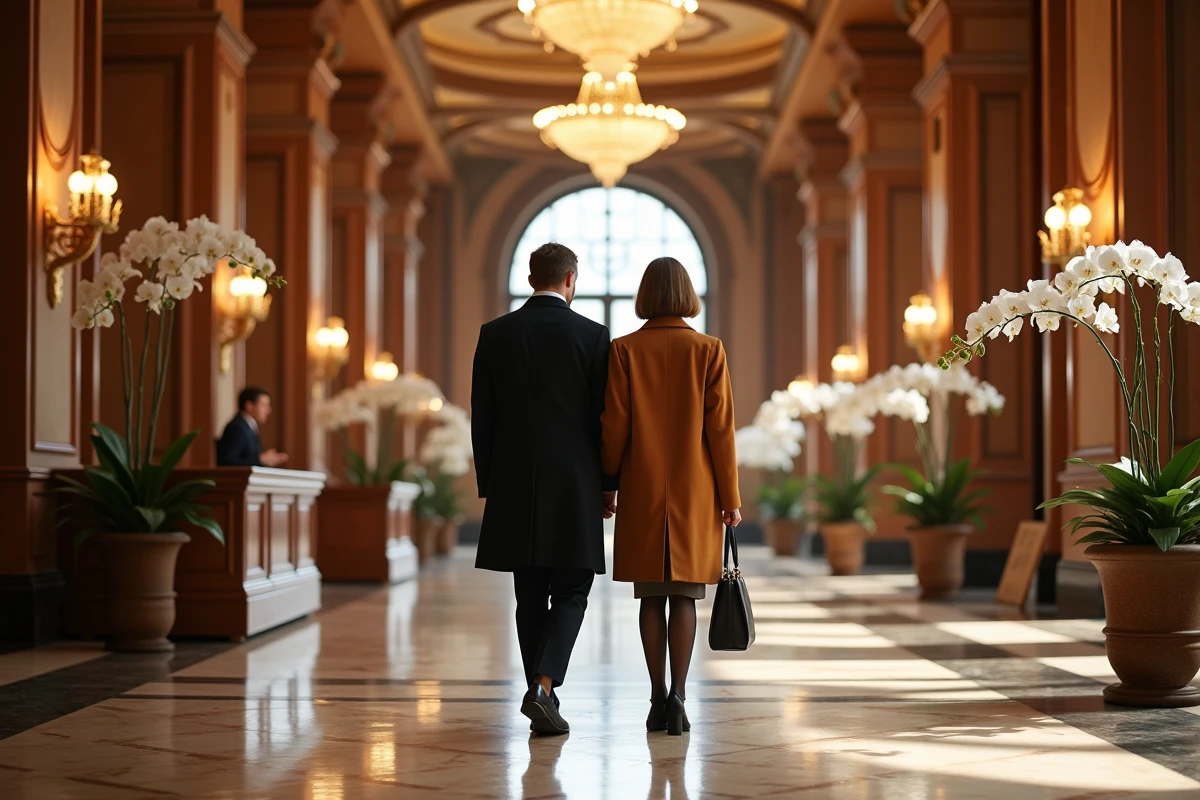 Hall d'entrée luxueux d'un hôtel 5 étoiles à Strasbourg avec sol en marbre et couple élégant à la réception