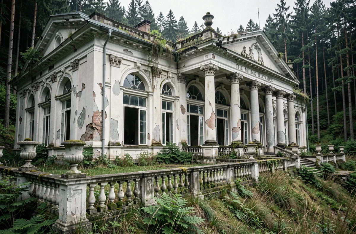 Façade d'un grand hôtel abandonné d'Europe de l'Est en style néoclassique envahi par la végétation forestière