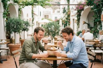 Deux hommes détendus partageant un petit-déjeuner dans un hôtel gay friendly en terrasse méditerranéenne