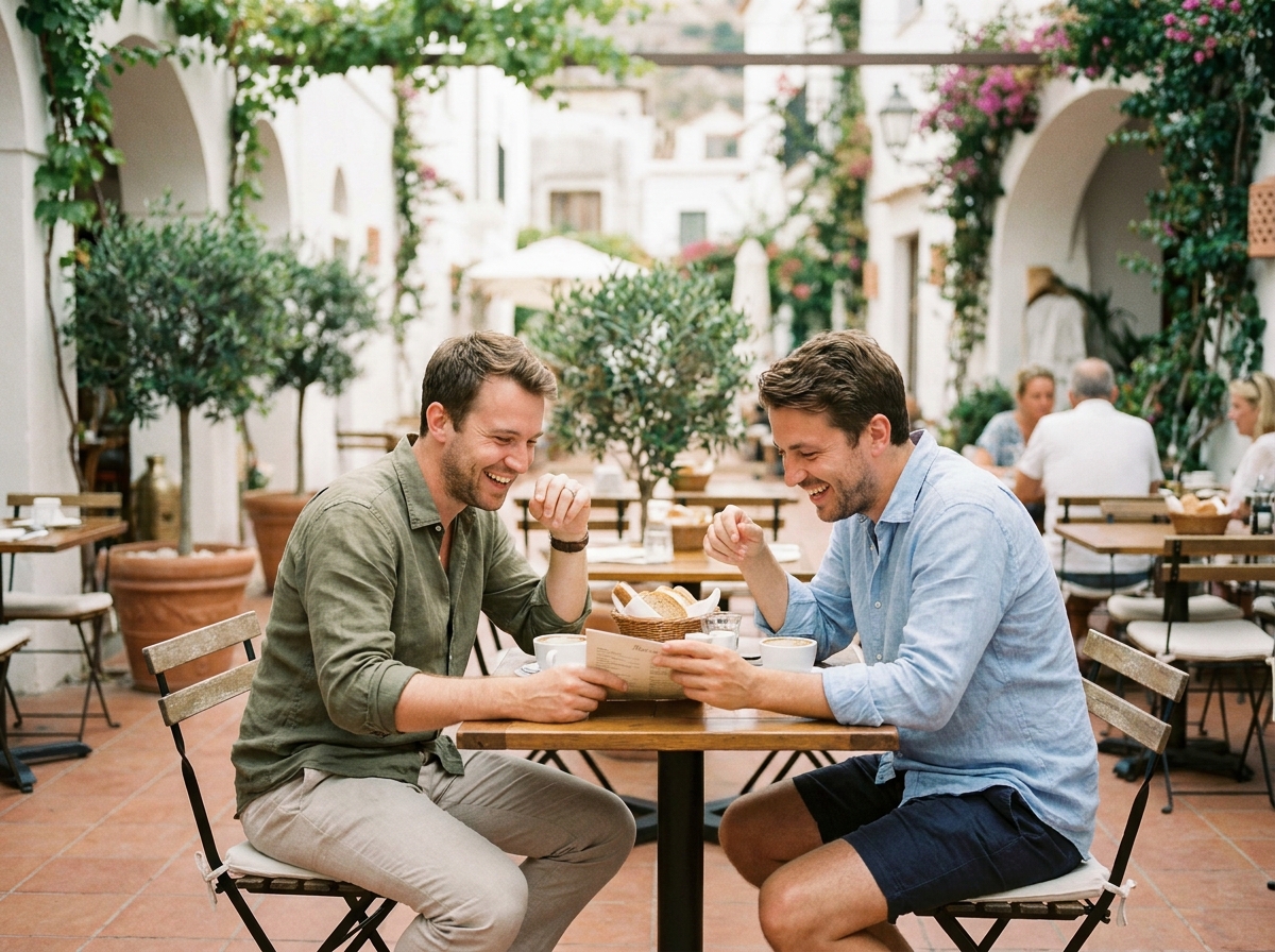 Deux hommes détendus partageant un petit-déjeuner dans un hôtel gay friendly en terrasse méditerranéenne