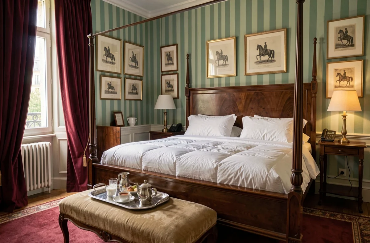 Chambre bourgeoise de l'Hôtel Passy-Home avec baldaquin en acajou, rideaux velours bordeaux et gravures équestres