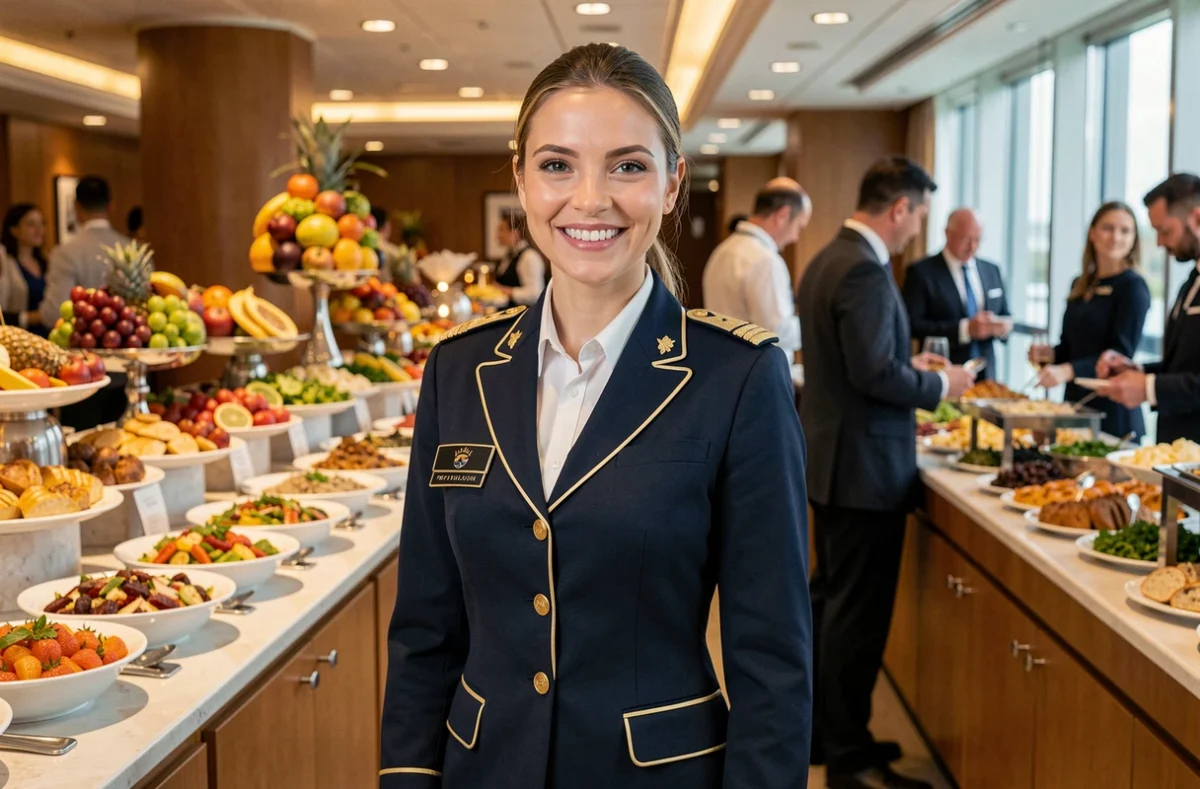 Hôtesse de croisière souriante devant un buffet tout compris dans un restaurant de paquebot de luxe