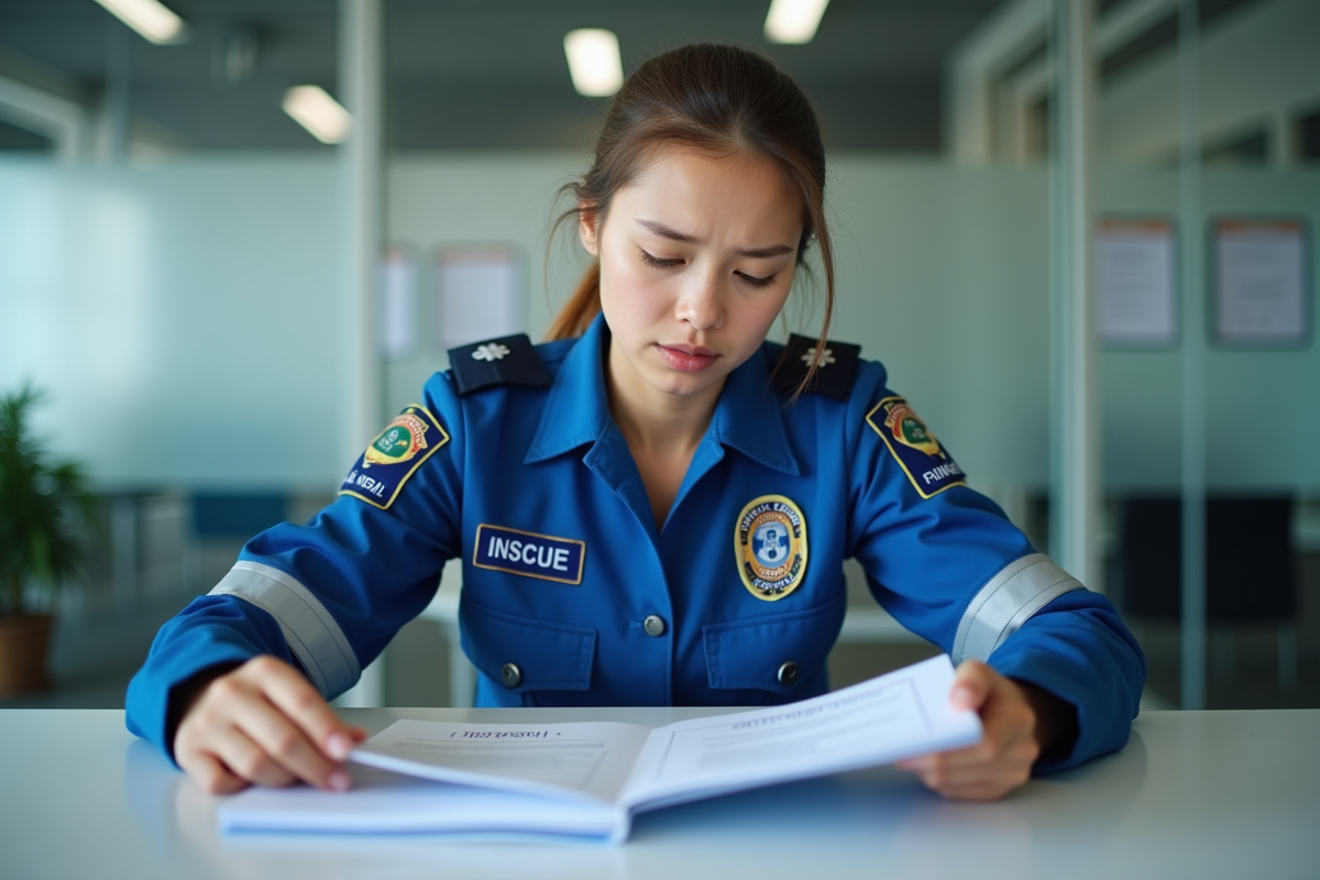 Infirmière de secours examine factures dans un bureau moderne